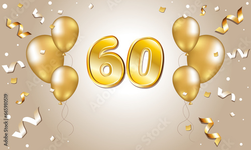 The golden numbers are 60. Anniversary of 60 years. On a light background with golden balloons. photo