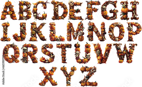 Letras del abecedario en mayúsculas con calabazas de Halloween y fondo transparente