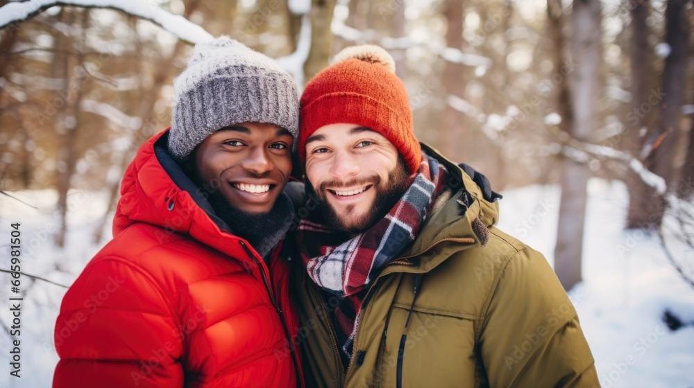 Close-up photograph of a fictional mixed-race male couple in a sunny winter forest. Close-up photograph of a fictional mixed-race male couple in a sunny winter forest.