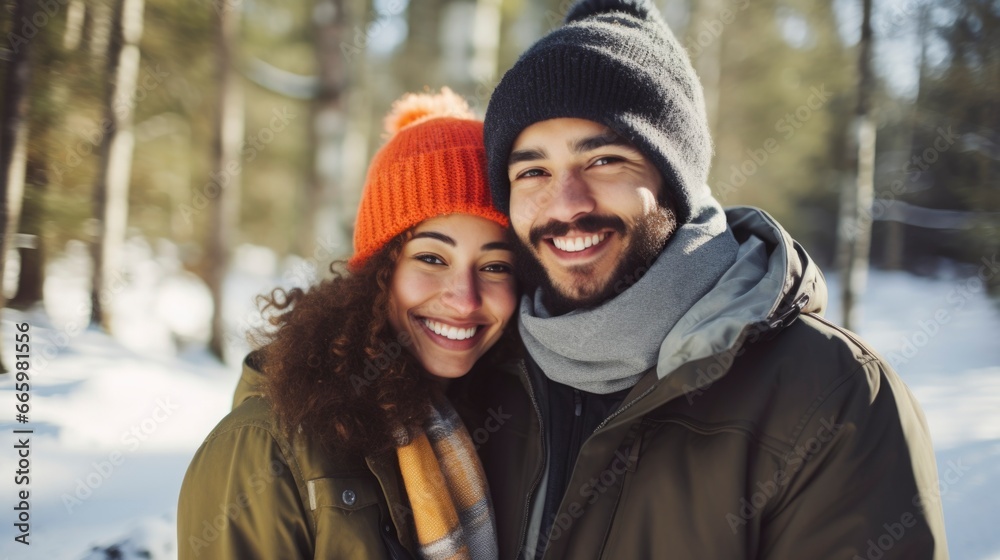 Close-up photograph of a fictional man and woman couple in a sunny winter forest. Close-up photograph of a fictional man and woman couple in a sunny winter forest.