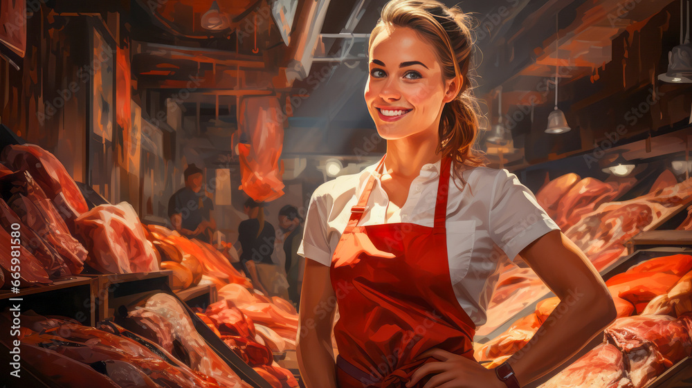 Beautiful smiling butcher woman stands at the meat counter