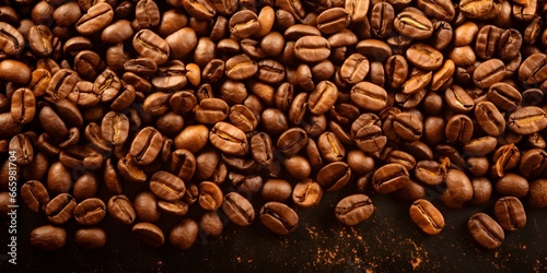 coffee beans on wood table, landscape banner with copy space, classic and clean, professional food photography, close up