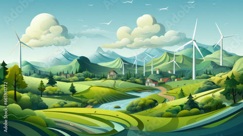 Illustration of a green landscape with wind turbines