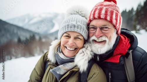Close-up photo of an elderly couple, winter landscape, happy relaxed mood.