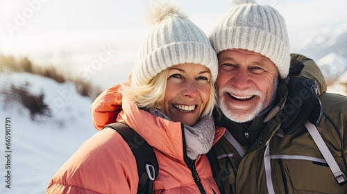 Close-up photo of an elderly couple, winter landscape, happy relaxed mood.