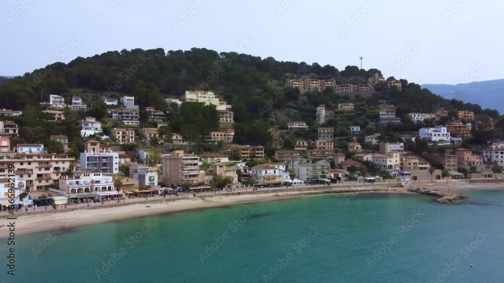 Drone shot of the coastal buildings and Marina Tramontana in Port de Soller, Balearic Islands, Spain Drone shot of the coastal buildings and Marina Tramontana in Port de Soller, Balearic Islands, Spain