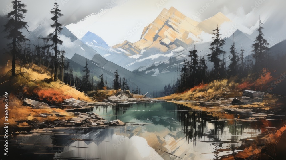 Oil Painting a stunning autumn landscape with a peaceful lake and majestic mountains.