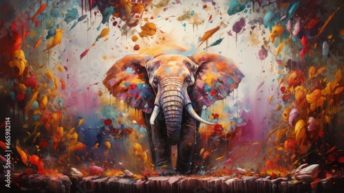 Animal portrait of an elephant as a colorful abstract oil painting