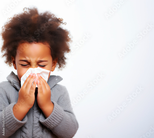 Child sneezing into a paper tissue. Concept of allergies, colds and getting sick. Shallow field of view with copy space.