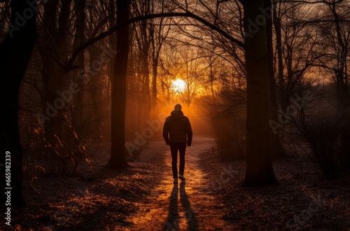 A man walks through a dark forest at sunset, his silhouette visible from the back