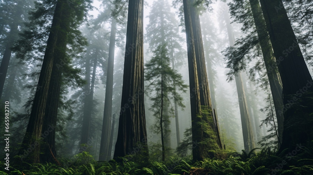 An ancient, towering redwood forest shrouded in fog.