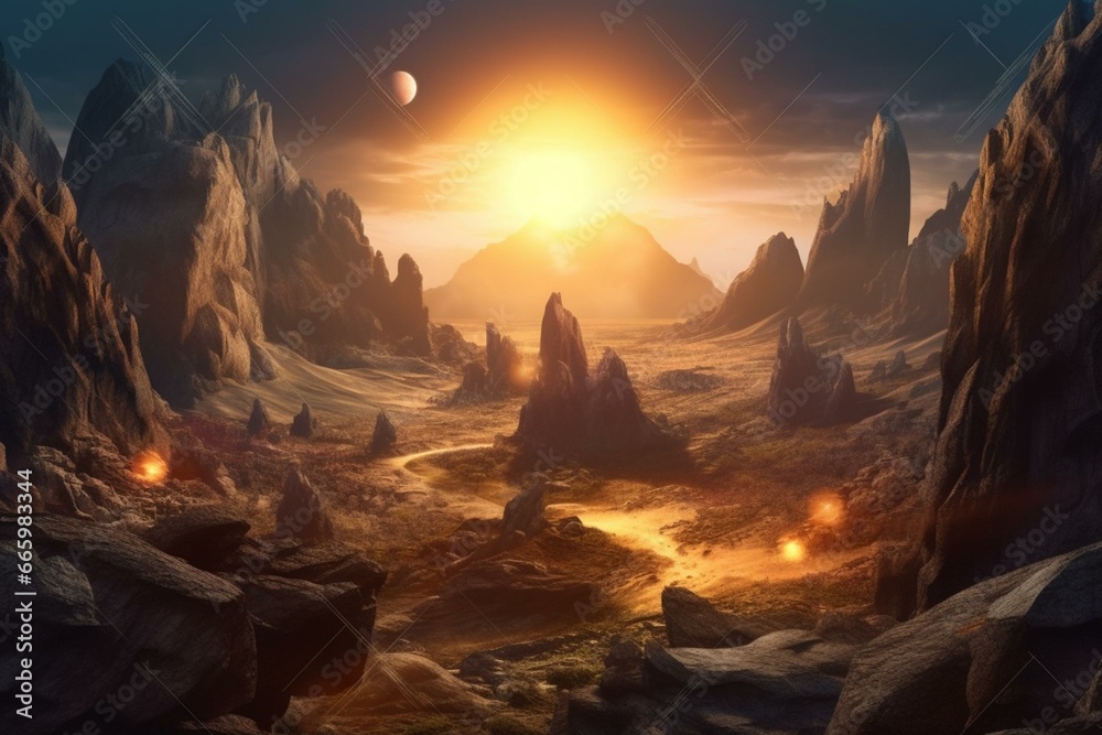Illustration of a sci-fi fantasy landscape featuring a valley with rocks, a star, and a sun. Generative AI