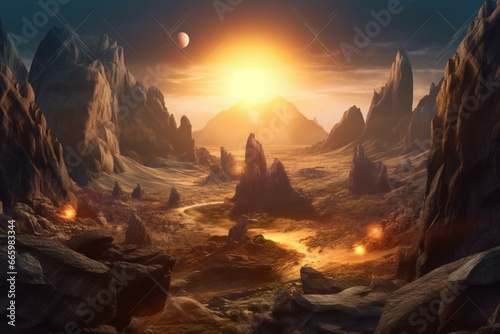 Illustration of a sci-fi fantasy landscape featuring a valley with rocks  a star  and a sun. Generative AI