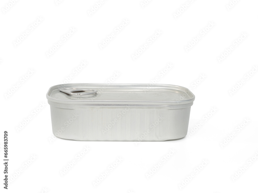 Canned food on a white background. Canned fish close-up.