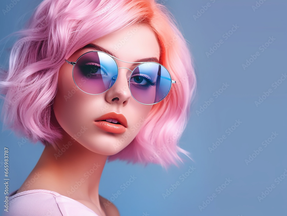 portrait of a model with pink hair and colorful glasses