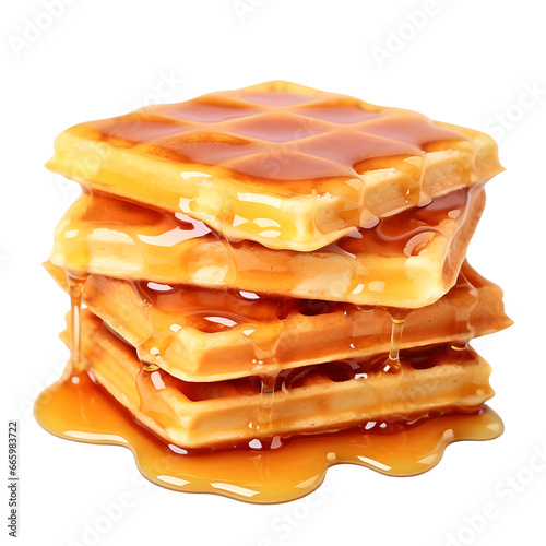 Closeup waffle with maple syrup on transparent background. Waffle png. Waffle with maple syrup transparent background. Waffle element. Waffle with syrup element
 photo
