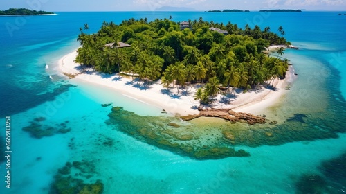 A tropical island with white sandy beaches and clear turquoise water.