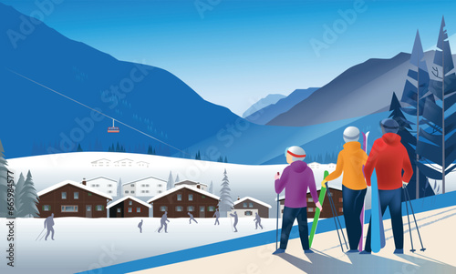 Ski resort on a bright sunny day. Panoramic view of a traditional Alpine village in front of the mountains with a cable car in the distance. Skiing in a snowdrift. (ID: 665984577)