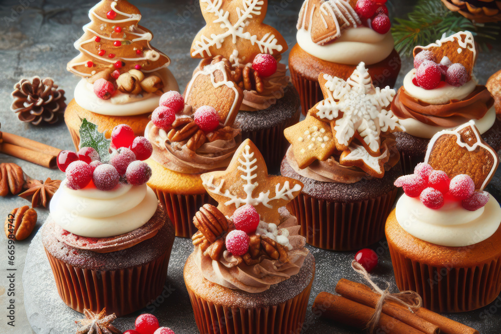 Variety of Christmas cupcakes with gingerbread, sugared cranberry
