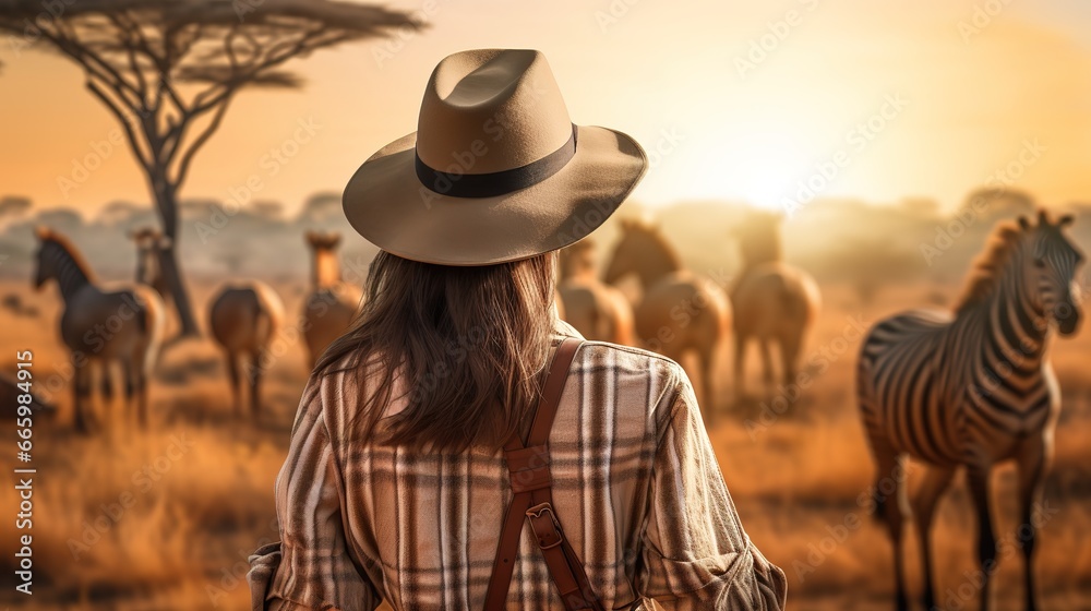 Woman wearing adventurer outfit and hat on African safari. Blurred savanna in background Woman wearing adventurer outfit and hat on African safari. Blurred savanna in background