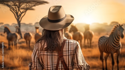 Woman wearing adventurer outfit and hat on African safari. Blurred savanna in background