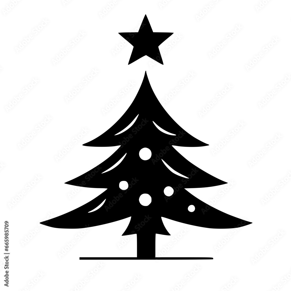 Obraz premium Decorative Christmas Tree Vector Illustration - Festive Xmas Tree Design for Greeting Cards, Holiday Decor, and Winter Celebrations - Traditional Green Pine Tree with Ornaments, Stars, and Lights