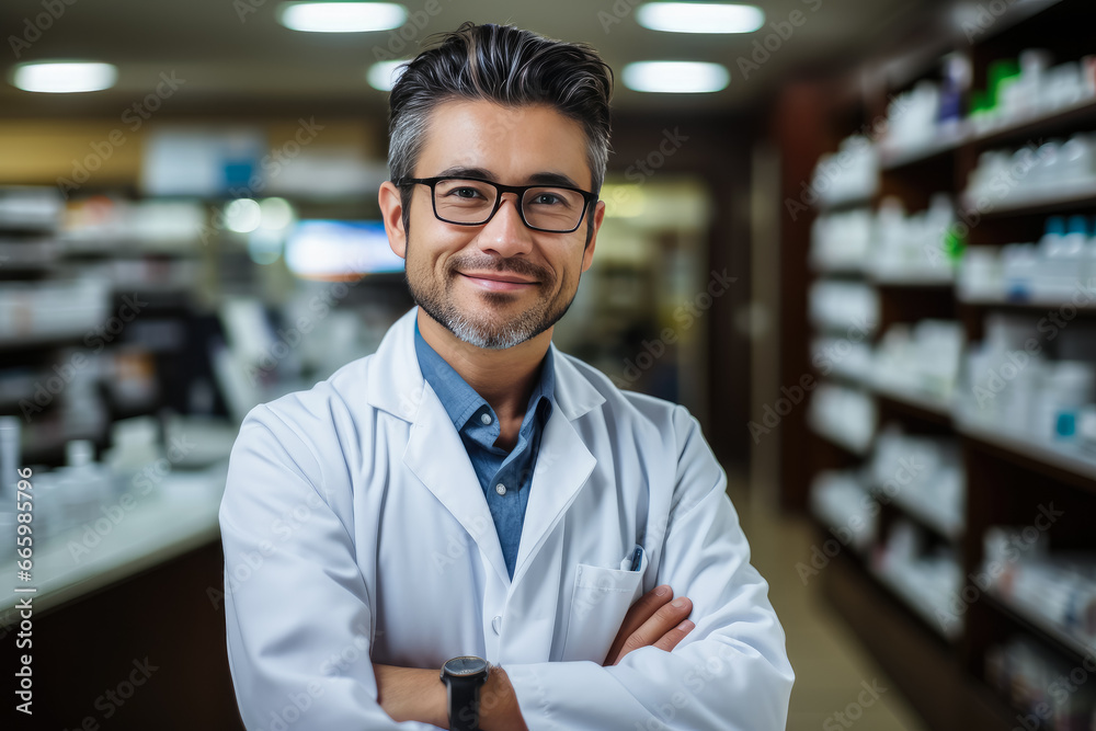 Fototapeta premium Portrait of pharmacist man in a pharmacy , Drugstore with shelves health care products