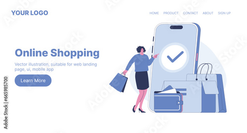 Online Shopping. Web Landing Page Design. Flat Cartoon Vector Illustration.