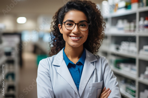 Portrait of pharmacist woman in a pharmacy , Drugstore with shelves health care products