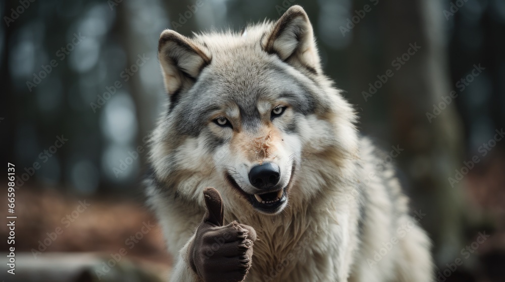 Portrait of friendly wolf making thumbs up.
