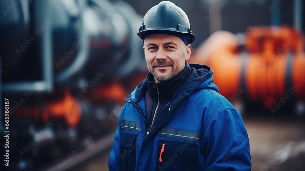 Worker man in dark blue builders jacket and hard hat helmet, blurred pipes background, cold winter atmosphere. Natural gas pipeline engineer Worker man in dark blue builders jacket and hard hat helmet, blurred pipes background, cold winter atmosphere. Natural gas pipeline engineer