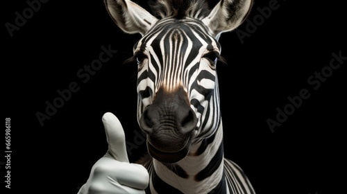 Portrait of friendly zebra making thumbs up.