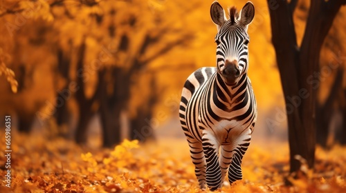 Portrait of happy zebra rejoices in autumn.