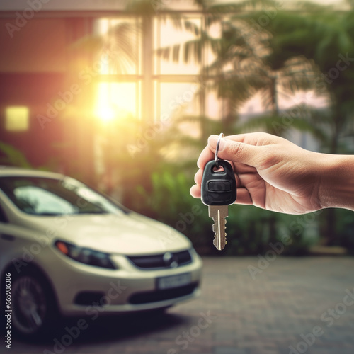 Man holding car keys in front of car background