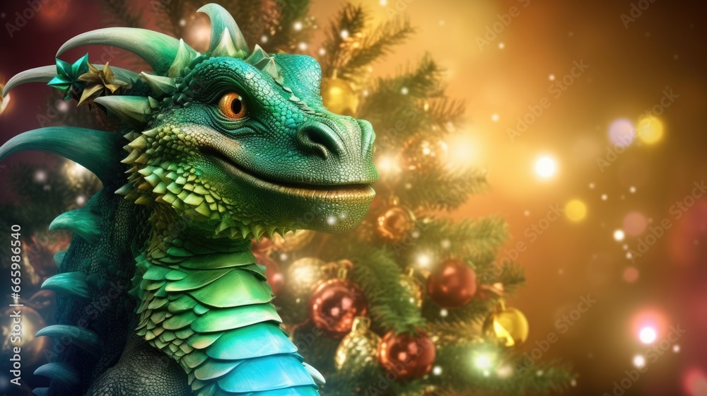 Green dragon and Christmas decorations.