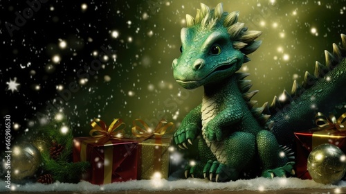 Green dragon and Christmas decorations. © vlntn