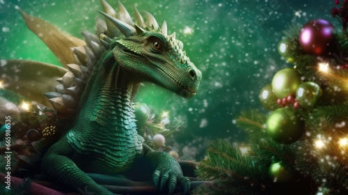 Green dragon and Christmas decorations.