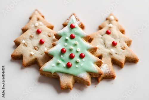 Christmas gingerbread cookies  in shape of Christmas tree on wooden background. Generative AI.  © Jolie