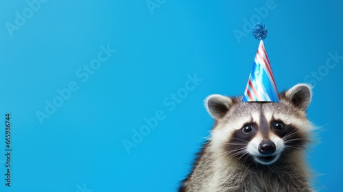 Funny raccoon with birthday party hat on blue background.