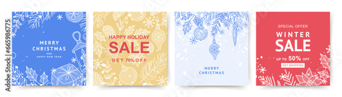 Winter Christmas holidays banner templates with Christmas tree branches and snowflakes. Winter sale on social networks. Vector for greeting card, mobile app, social media post design, poster, flyer