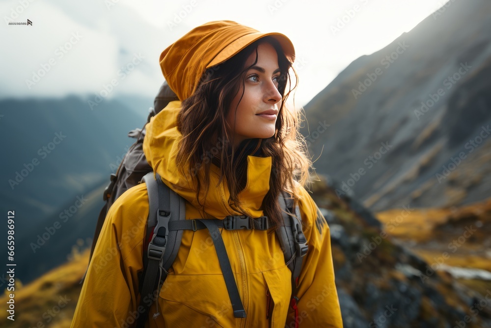 Portrait of a beautiful young woman in yellow jacket with a backpack against the backdrop of picturesque mountains. Female tourist is engaged in hiking. Active lifestyle, travel and trekking concept.