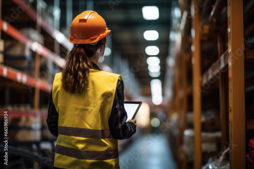 Young woman using tablet working in warehouse