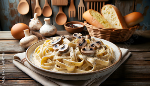 A luscious plate of fettuccine Alfredo, where the pasta is enveloped in a creamy sauce and topped with sautéed mushrooms, accompanied by garlic bread in a rustic setting photo
