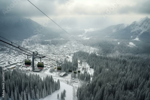 A snowy landscape showing an aerial view of a ski lift in Zakopane, Poland. The location is Polana Szymoszkowa. Generative AI