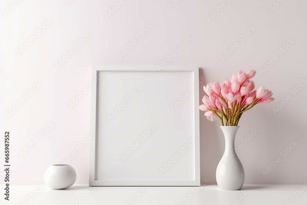 White square frame mockup with pink oleander in a vase White square frame mockup with pink oleander in a vase