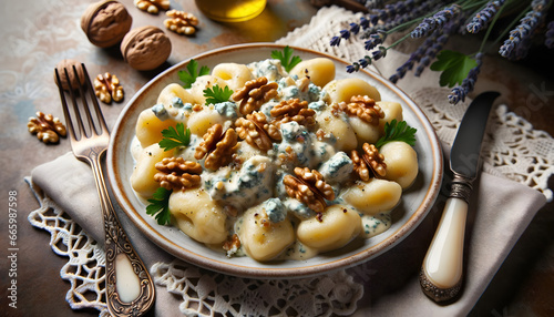 Soft gnocchi dumplings draped in a creamy gorgonzola sauce, presented elegantly with a vintage touch and a hint of lavender photo