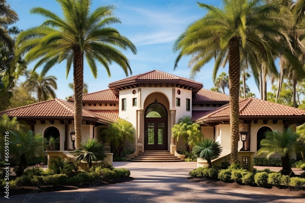 Luxurious Florida home with palm trees, blue sky, and barrel roof. Generative AI