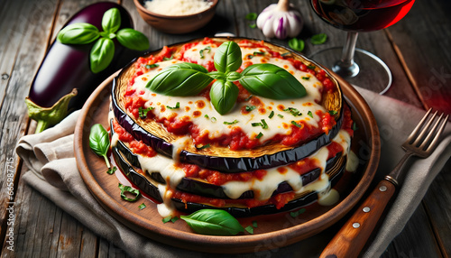 Layers of thinly sliced eggplant baked with tomato sauce and cheeses, presented on a wooden table accompanied by a glass of Chianti
