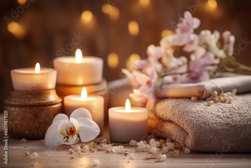 Tranquil Spa Scene  Towels  Flower Branch  and Candles in Soft Light  Creating a Relaxing and Serene Ambianc