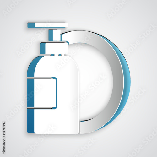 Paper cut Dishwashing liquid bottle and plate icon isolated on grey background. Liquid detergent for washing dishes. Paper art style. Vector Illustration